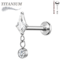 Titanium Threadless Labret w/ CZ Stiletto Kite & Bezel Dangle