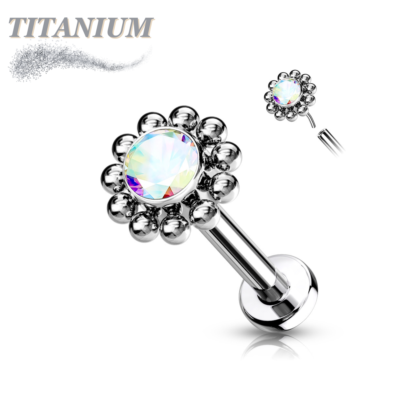 Titanium Threadless Labret Combo w/ CZ Centre Flower Surrounded by Micro Balls