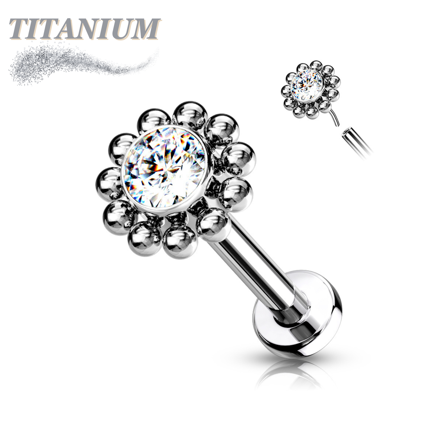 Titanium Threadless Labret Combo w/ CZ Centre Flower Surrounded by Micro Balls