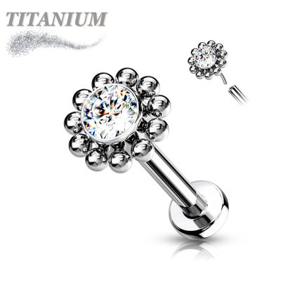 Titanium Threadless Labret Combo w/ CZ Centre Flower Surrounded by Micro Balls