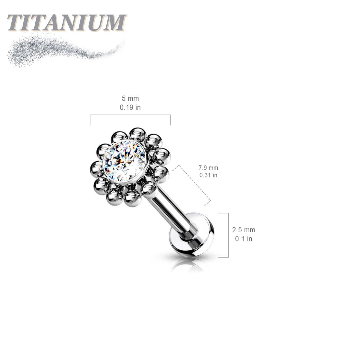 Titanium Threadless Labret Combo w/ CZ Centre Flower Surrounded by Micro Balls