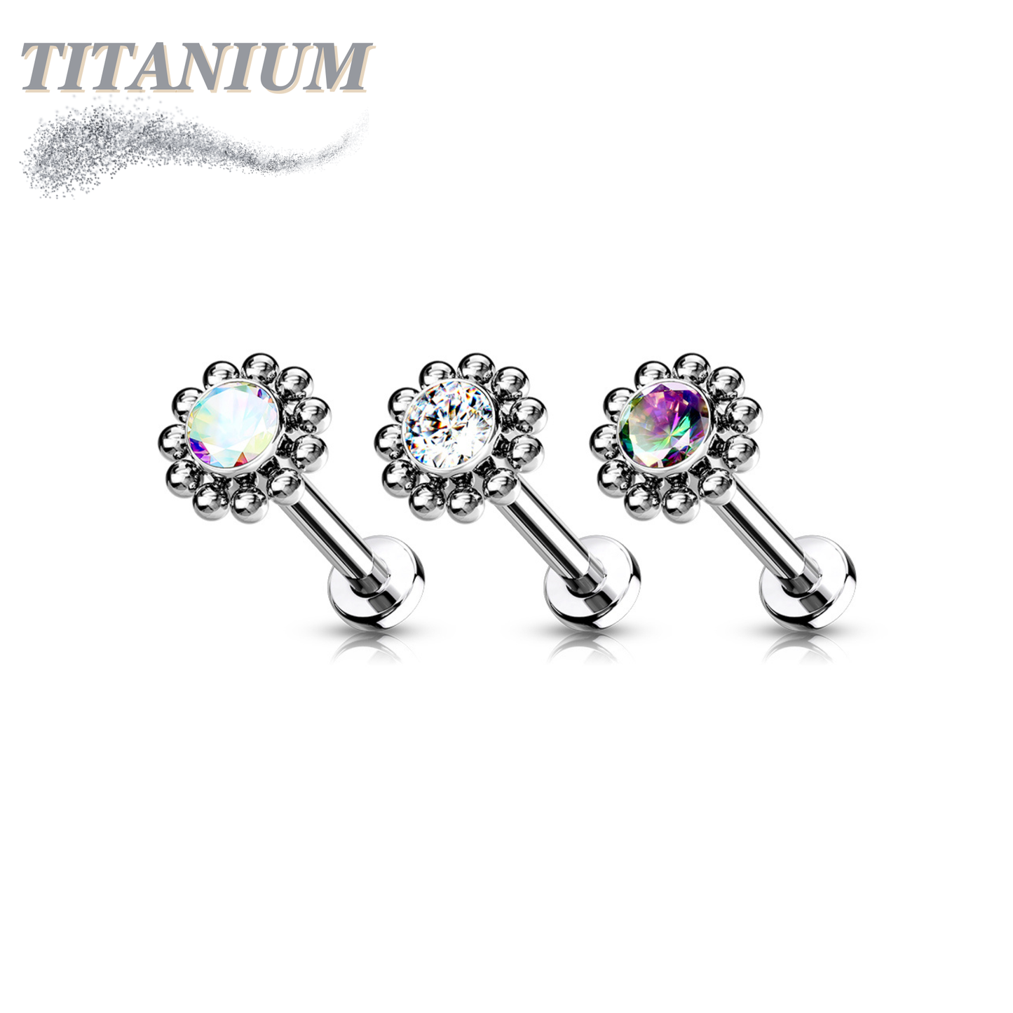 Titanium Threadless Labret Combo w/ CZ Centre Flower Surrounded by Micro Balls