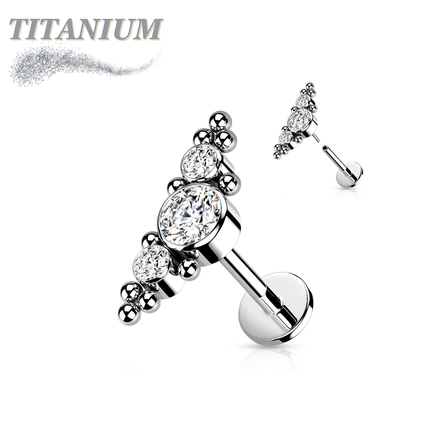 Titanium Threadless 3 CZ Bezels w/ Ball Clusters Labret Combo