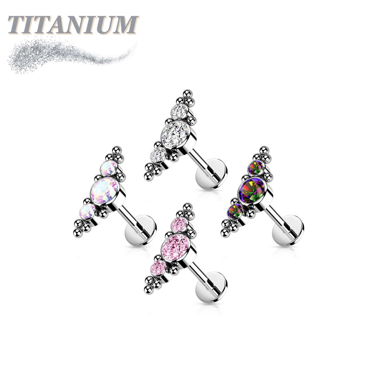Titanium Threadless 3 CZ Bezels w/ Ball Clusters Labret Combo