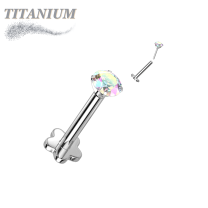 Titanium Threadless Labret w/ 5 Petal Base and Prong Set CZ Top