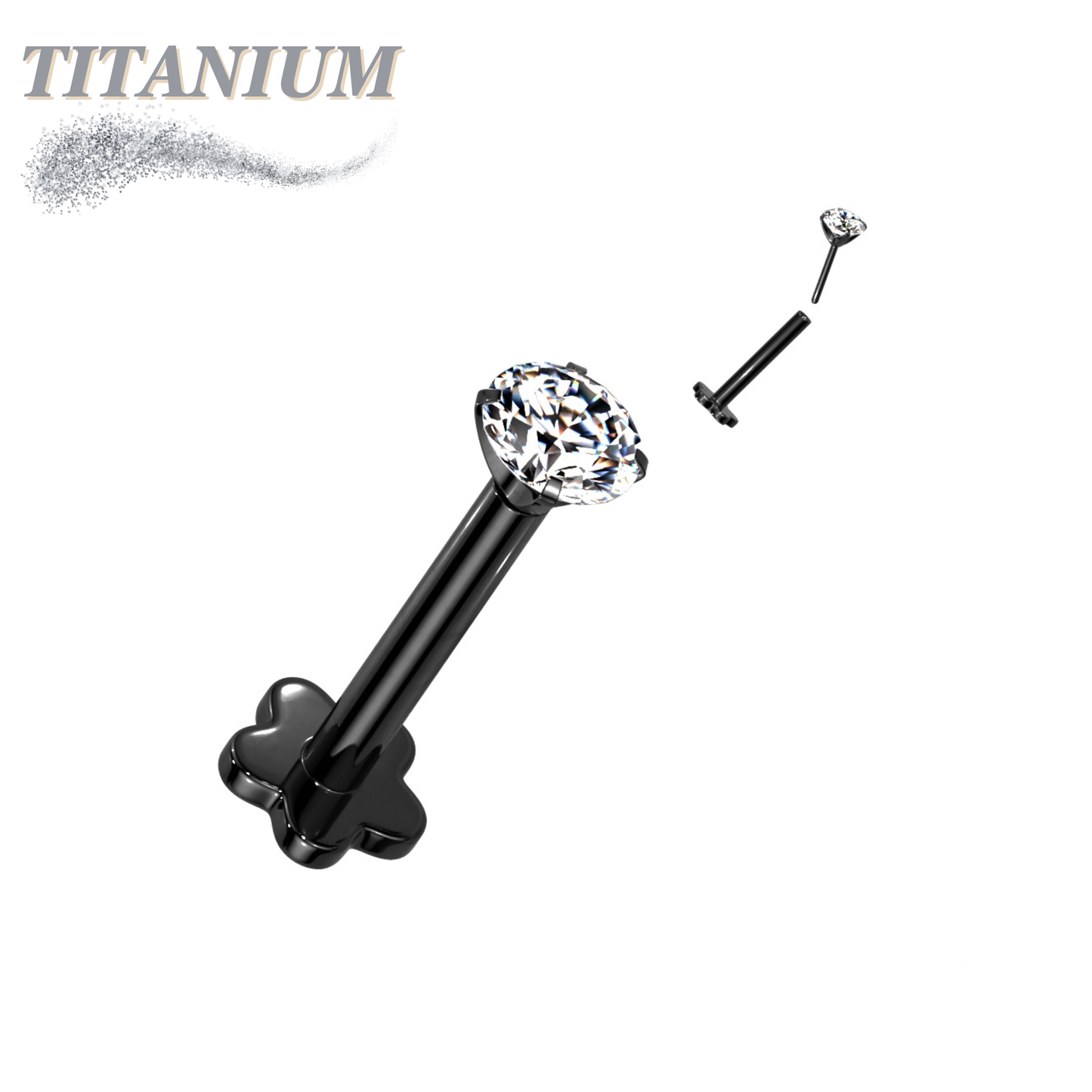 Titanium Threadless Labret w/ 5 Petal Base and Prong Set CZ Top