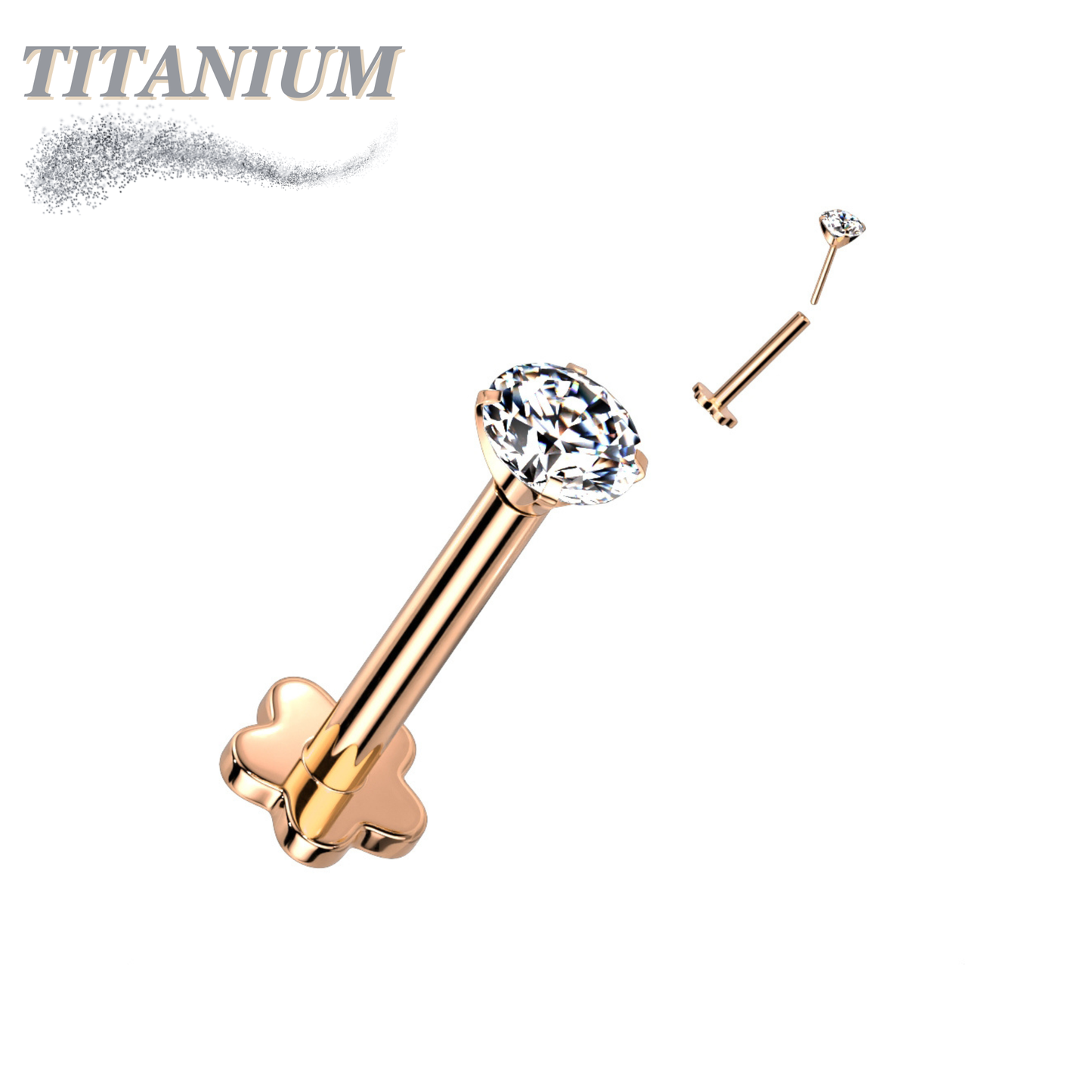 Titanium Threadless Labret w/ 5 Petal Base and Prong Set CZ Top