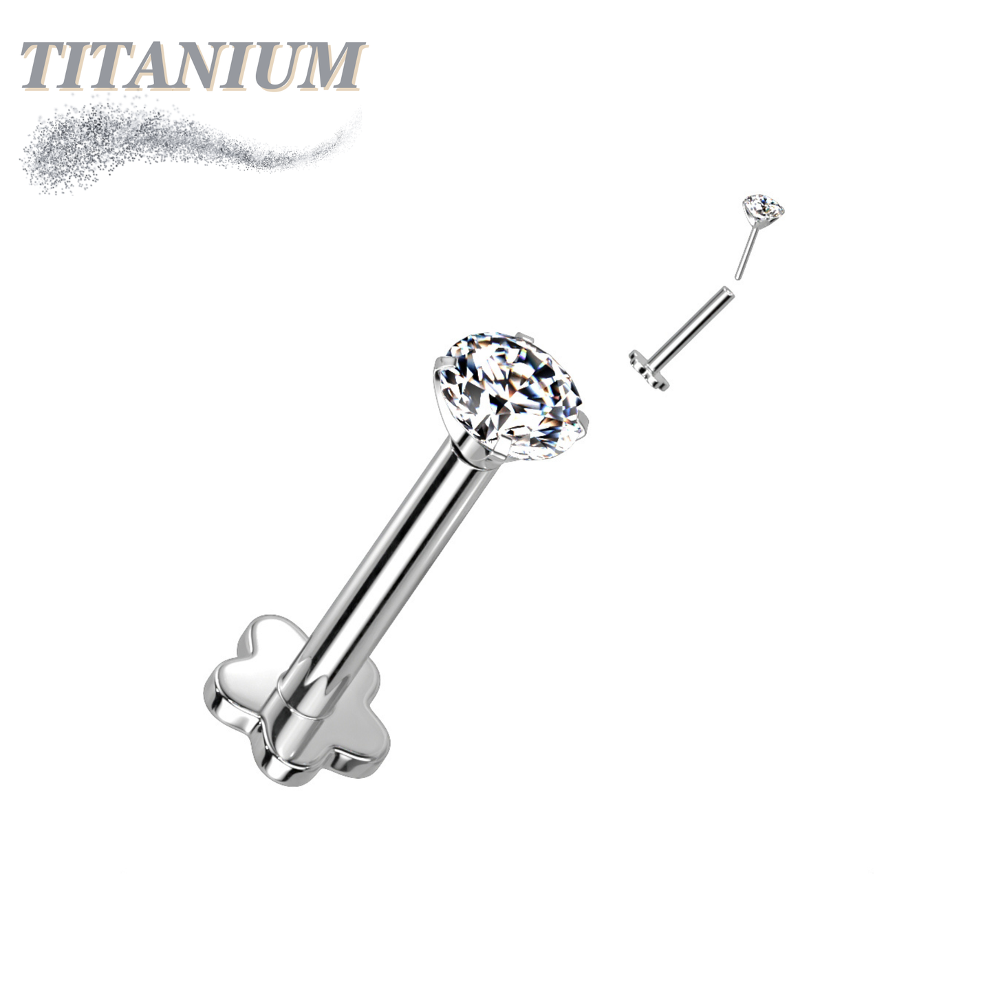 Titanium Threadless Labret w/ 5 Petal Base and Prong Set CZ Top