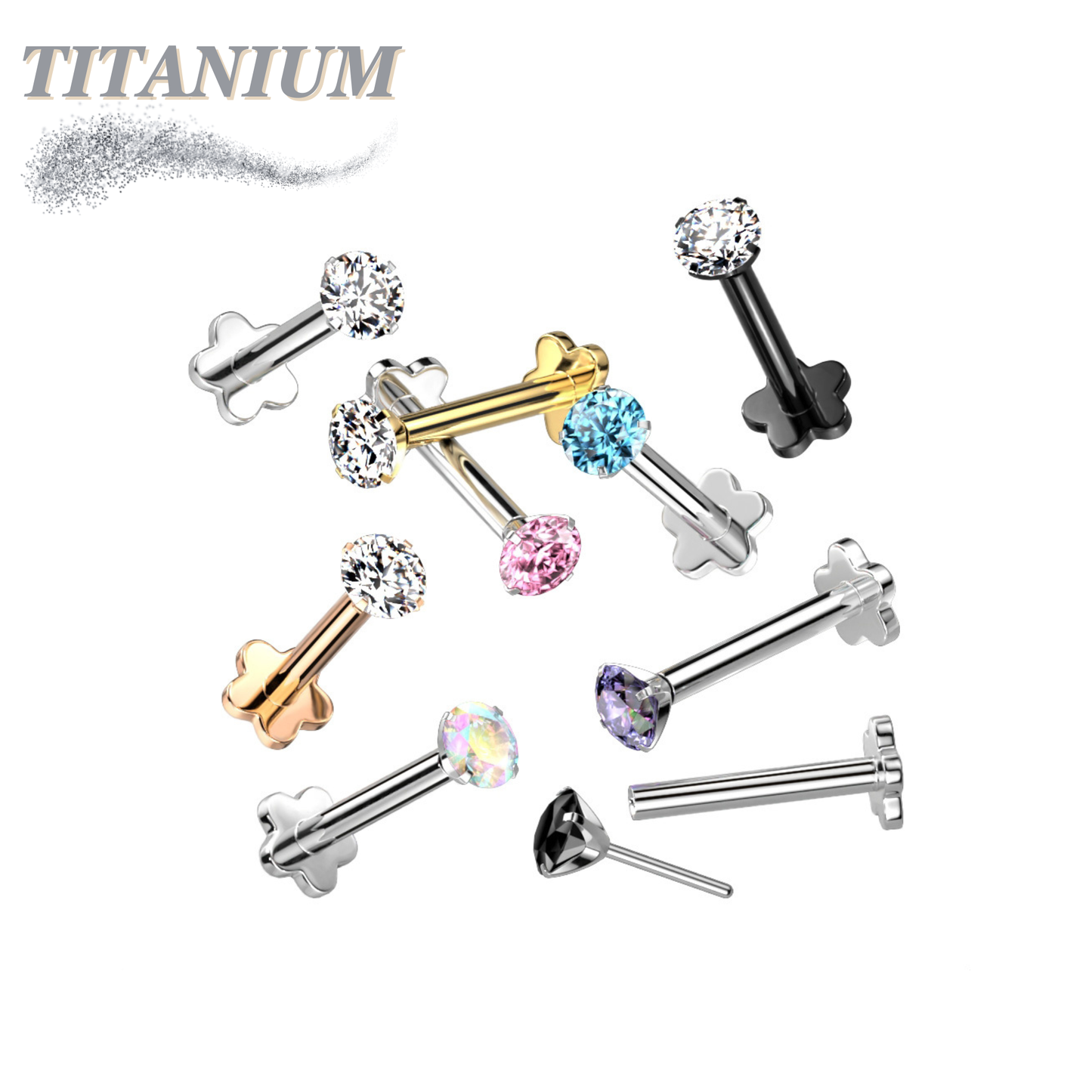 Titanium Threadless Labret w/ 5 Petal Base and Prong Set CZ Top