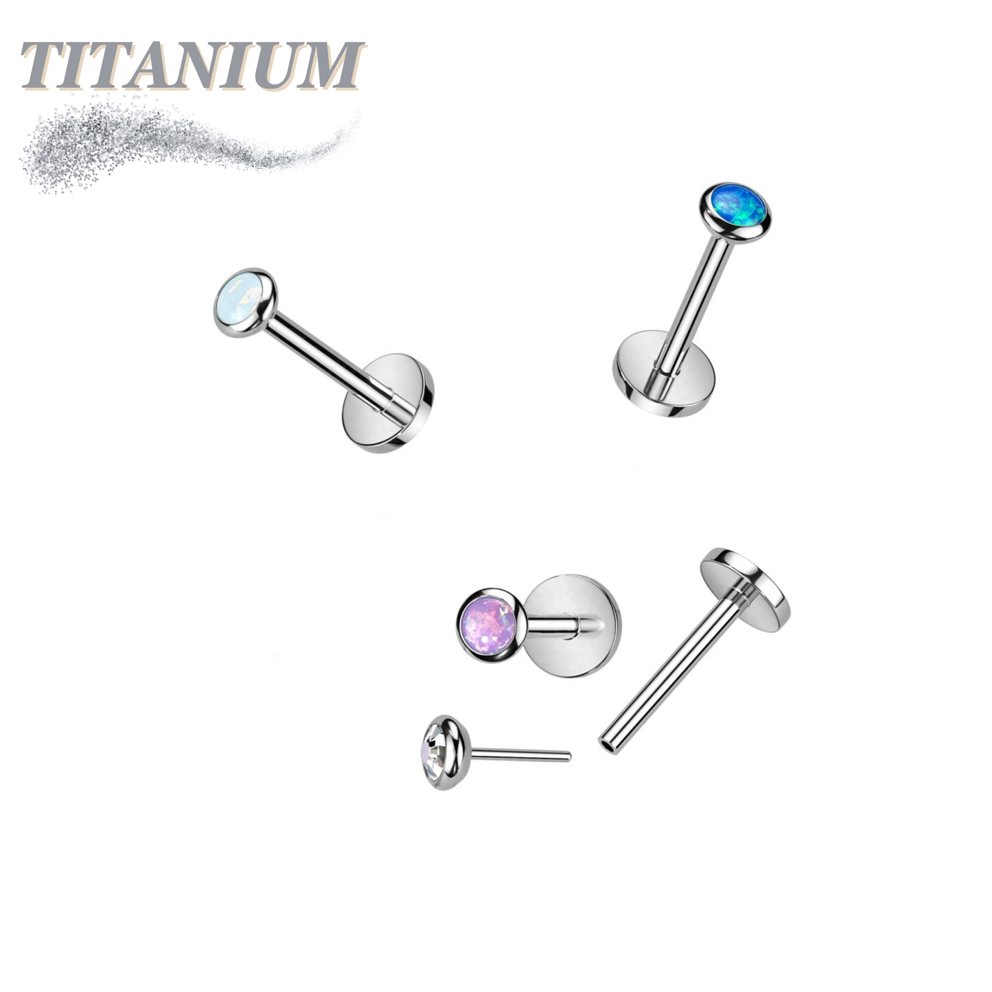 Titanium Threadless Labret with Opal Bezel Set Flat Top (4mm Base)