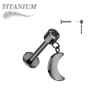 Titanium Threadless Round Bezel with Dangle Crescent Moon Labret Combo