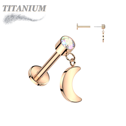 Titanium Threadless Round Bezel with Dangle Crescent Moon Labret Combo