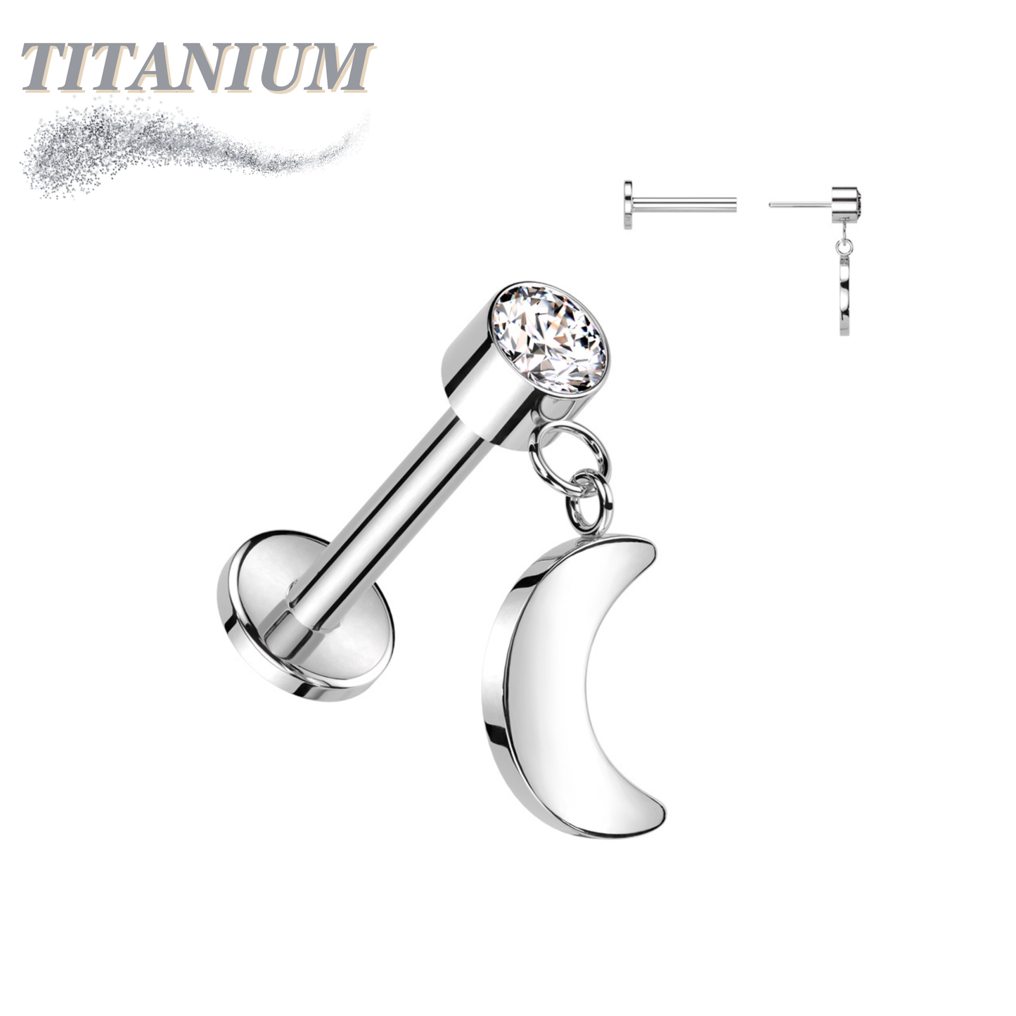 Titanium Threadless Round Bezel with Dangle Crescent Moon Labret Combo