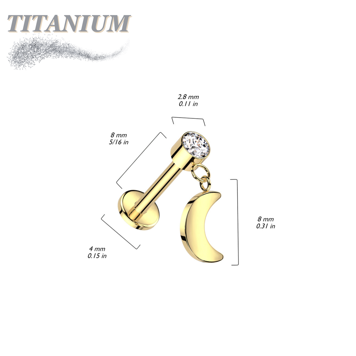 Titanium Threadless Round Bezel with Dangle Crescent Moon Labret Combo