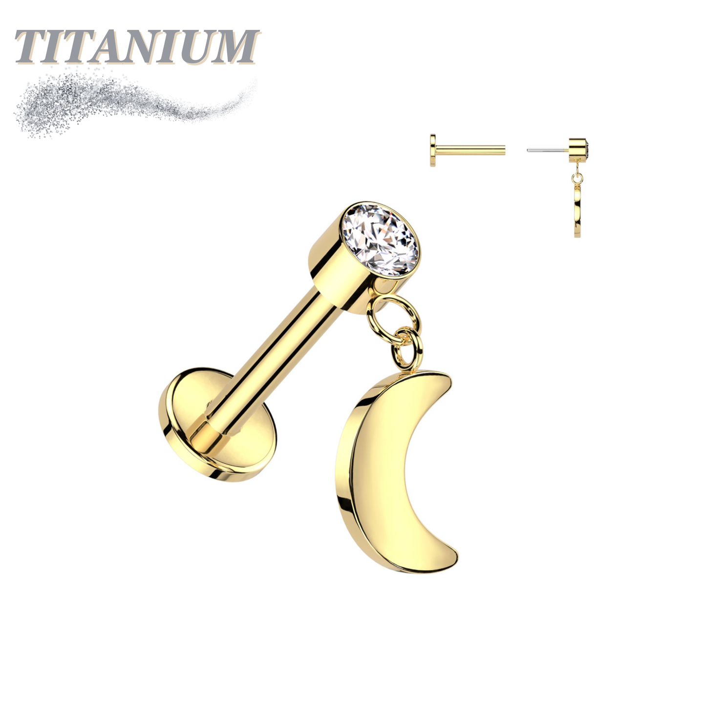 Titanium Threadless Round Bezel with Dangle Crescent Moon Labret Combo