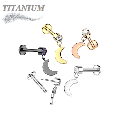 Titanium Threadless Round Bezel with Dangle Crescent Moon Labret Combo