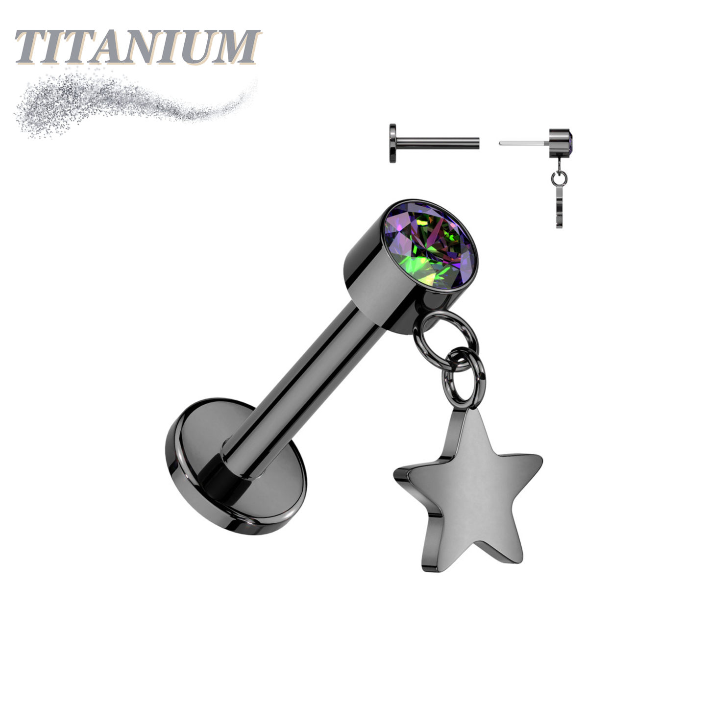 Titanium Threadless Round Bezel with Dangle Star Labret Combo