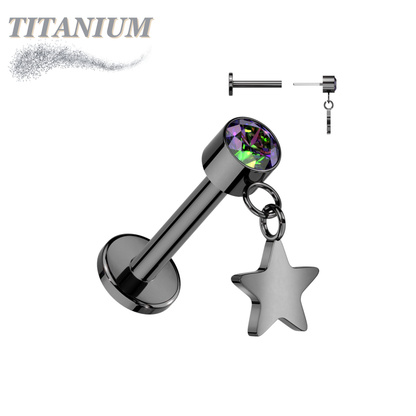 Titanium Threadless Round Bezel with Dangle Star Labret Combo