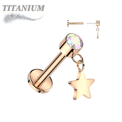 Titanium Threadless Round Bezel with Dangle Star Labret Combo