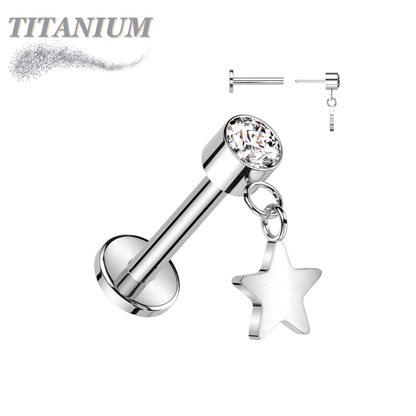 Titanium Threadless Round Bezel with Dangle Star Labret Combo