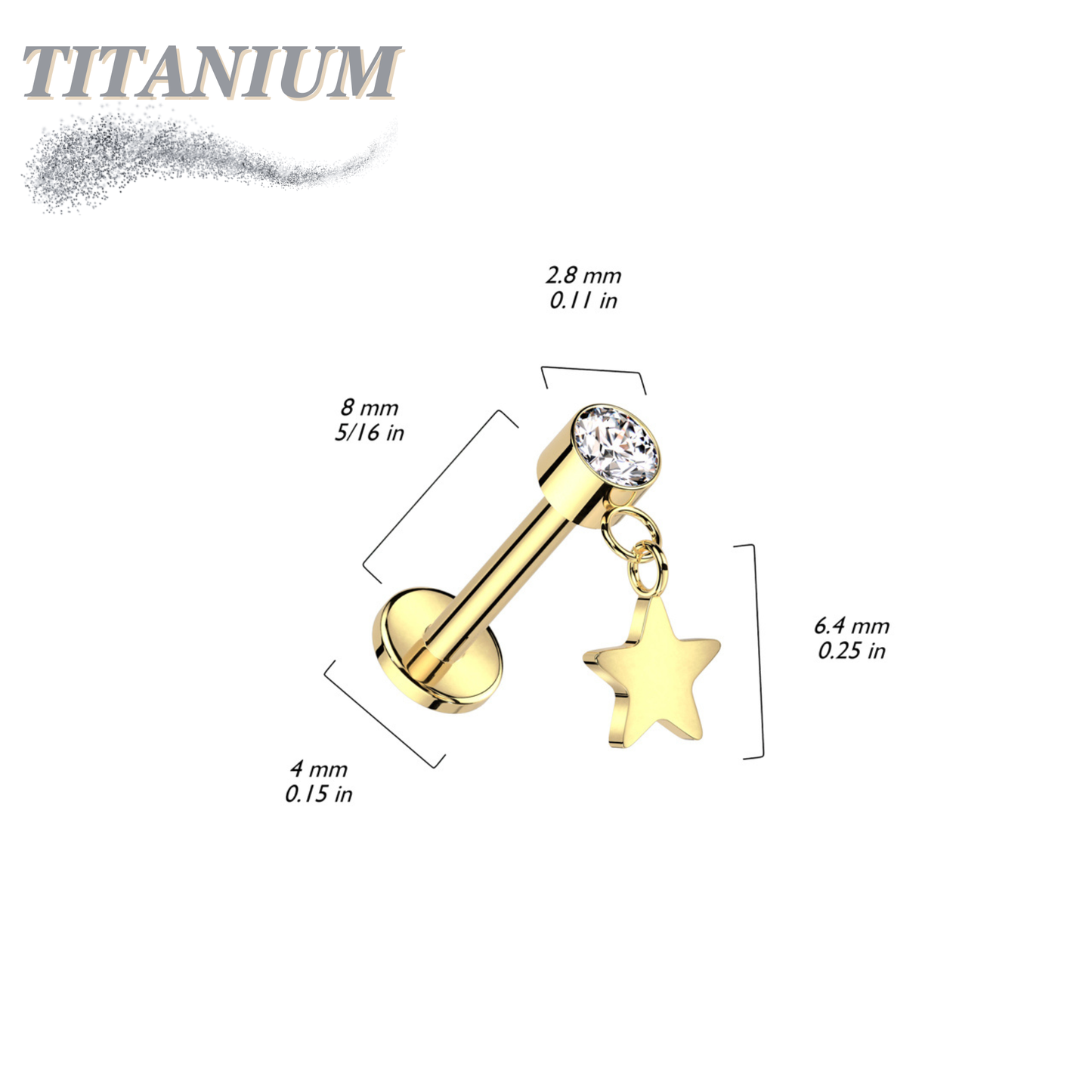 Titanium Threadless Round Bezel with Dangle Star Labret Combo