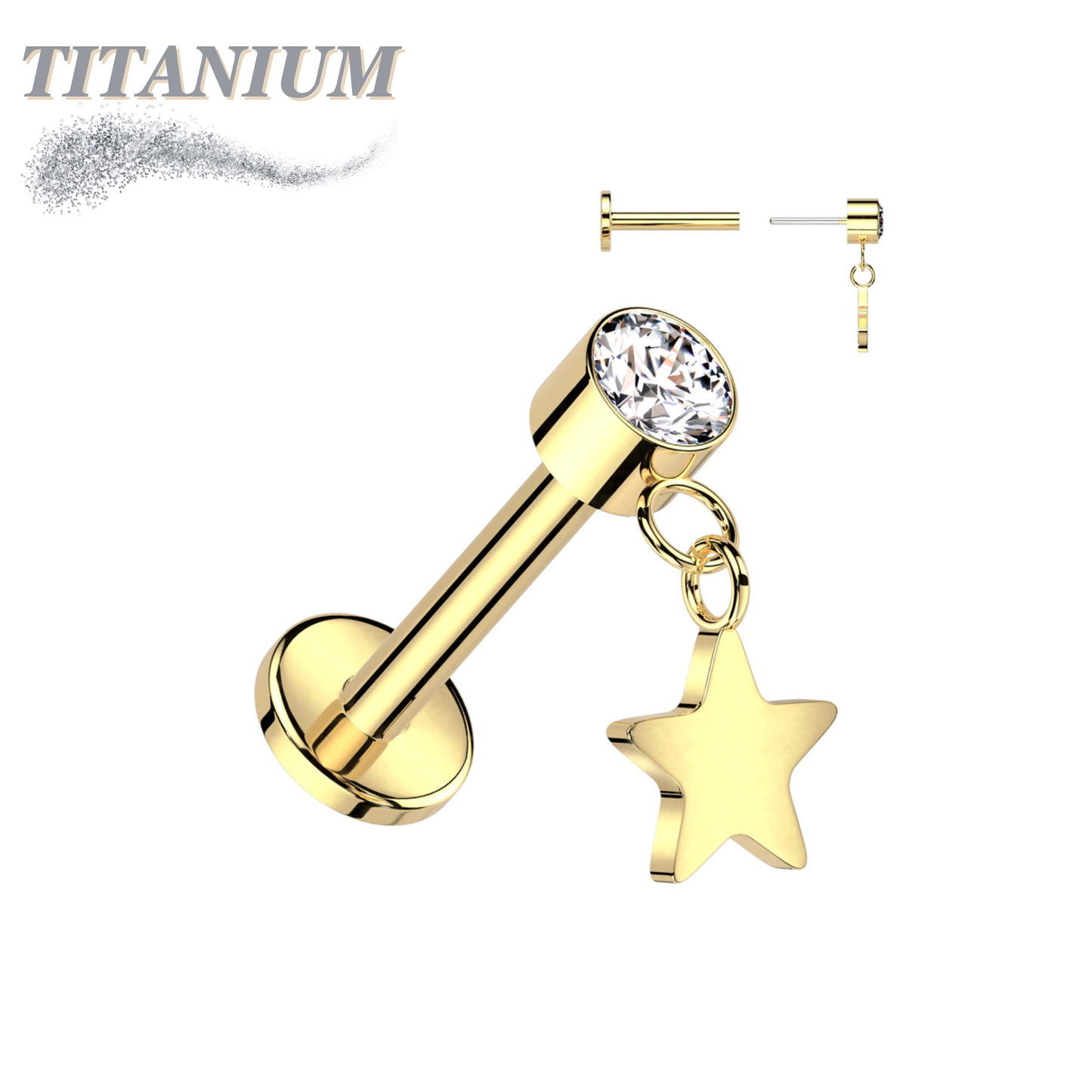 Titanium Threadless Round Bezel with Dangle Star Labret Combo
