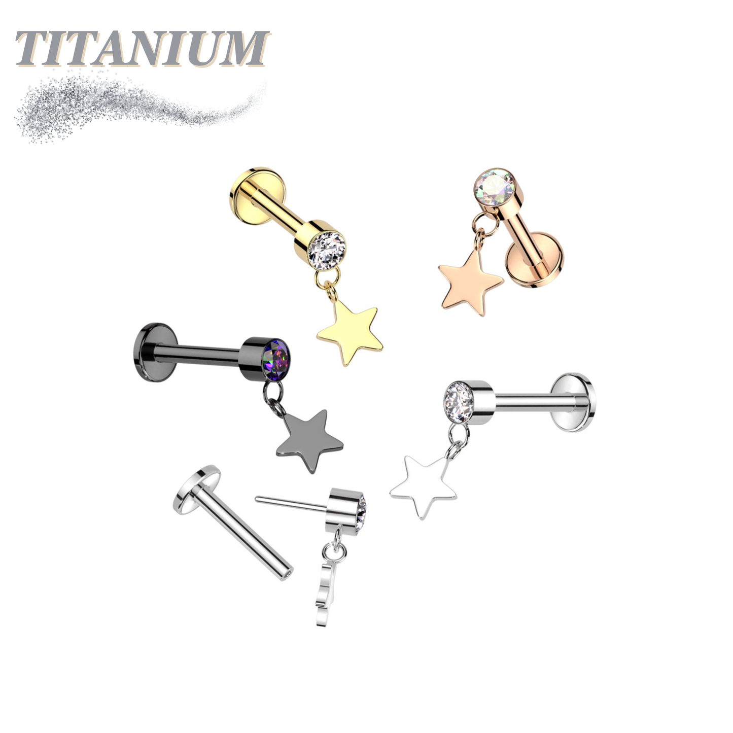 Titanium Threadless Round Bezel with Dangle Star Labret Combo
