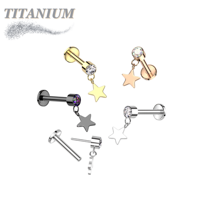 Titanium Threadless Round Bezel with Dangle Star Labret Combo