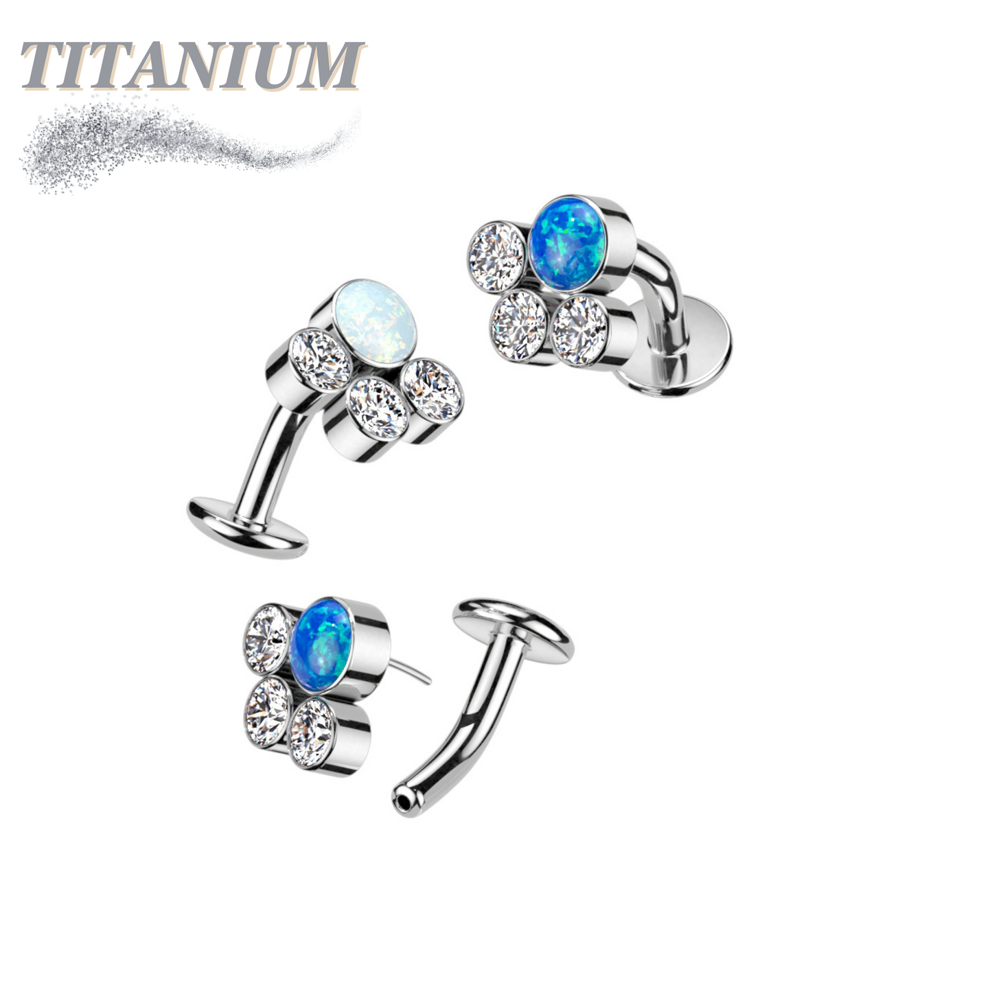 Titanium Threadless Floating Belly Ring with Opal Centre and 3 Bezel CZ Top