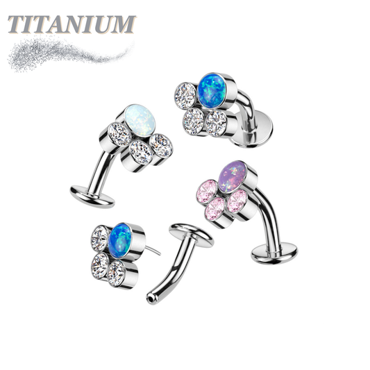 Titanium Threadless Floating Belly Ring with Opal Centre and 3 Bezel CZ Top