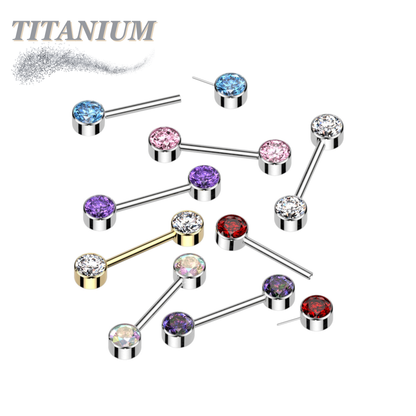 Titanium Threadless Nipple Barbell w/ Forward Facing CZ Bezel Set Ends