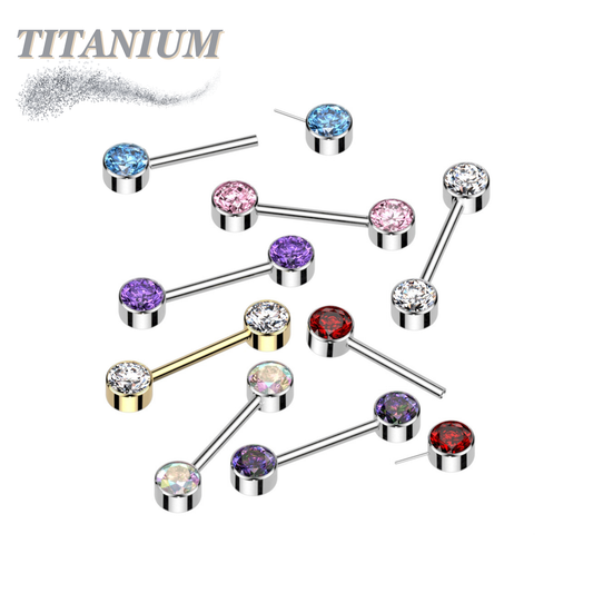 Titanium Threadless Nipple Barbell w/ Forward Facing CZ Bezel Set Ends