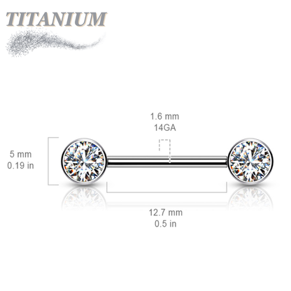 Titanium Threadless Nipple Barbell w/ Forward Facing CZ Bezel Set Ends
