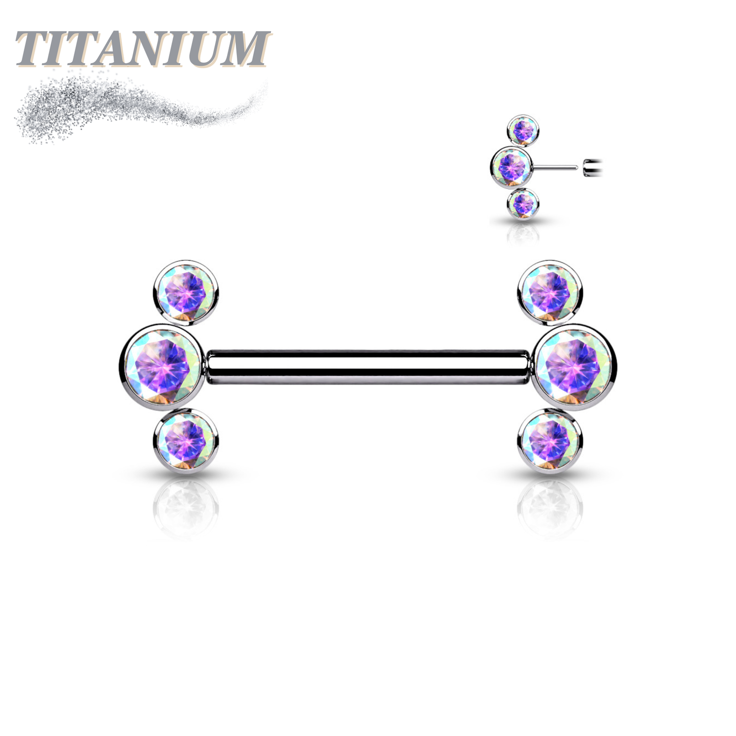 Titanium Threadless Nipple Barbell with 3 Bezel Set CZ Curved Ends