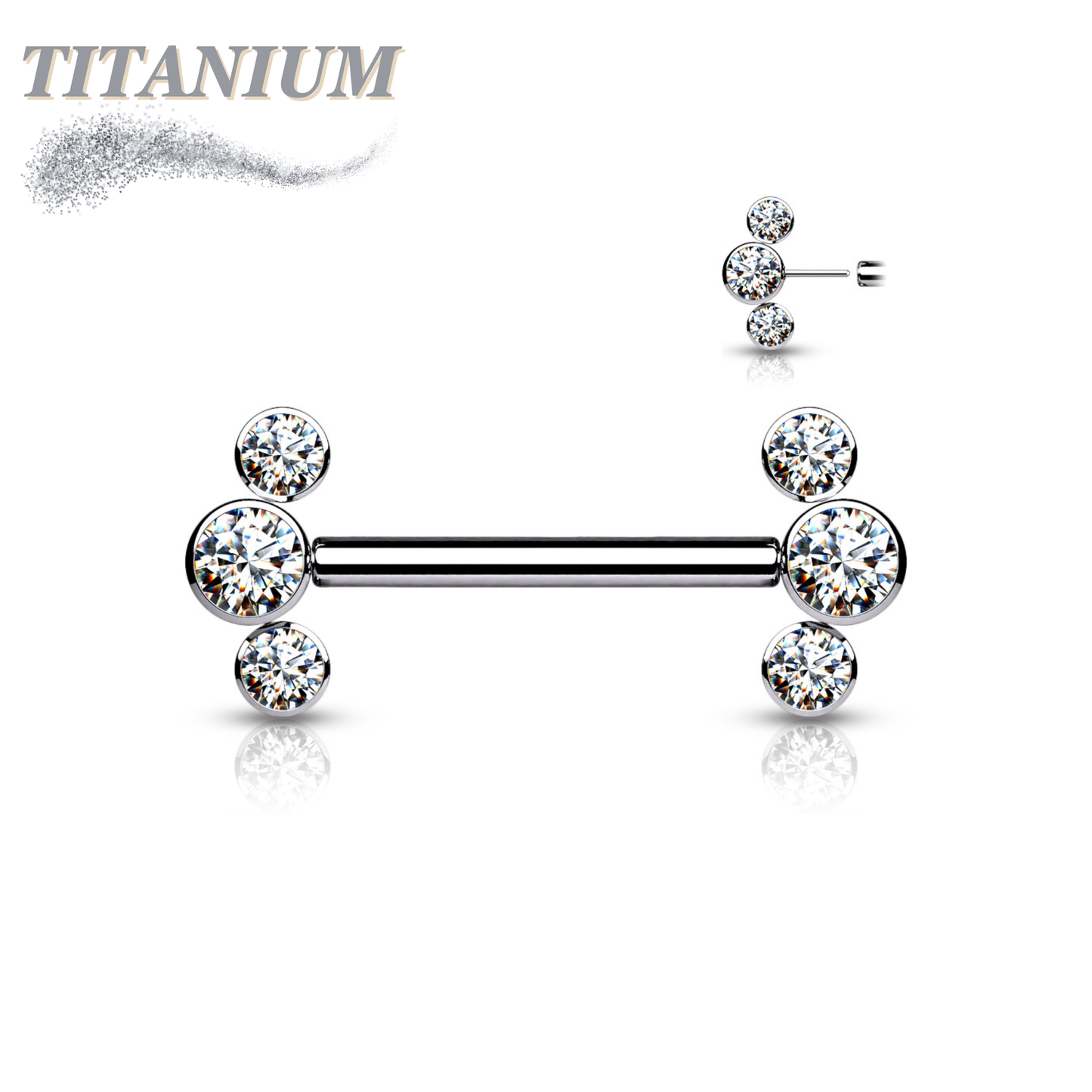 Titanium Threadless Nipple Barbell with 3 Bezel Set CZ Curved Ends