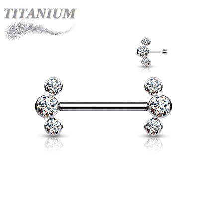 Titanium Threadless Nipple Barbell with 3 Bezel Set CZ Curved Ends