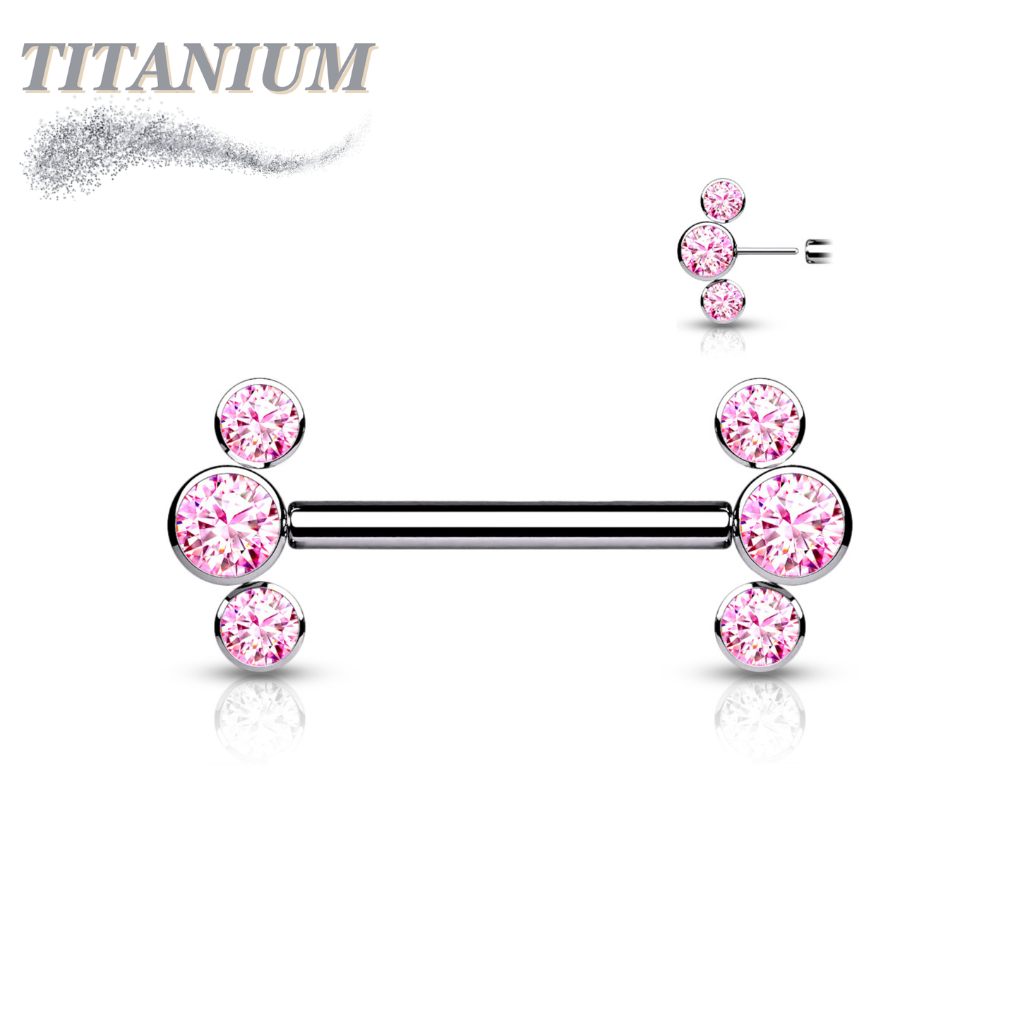 Titanium Threadless Nipple Barbell with 3 Bezel Set CZ Curved Ends