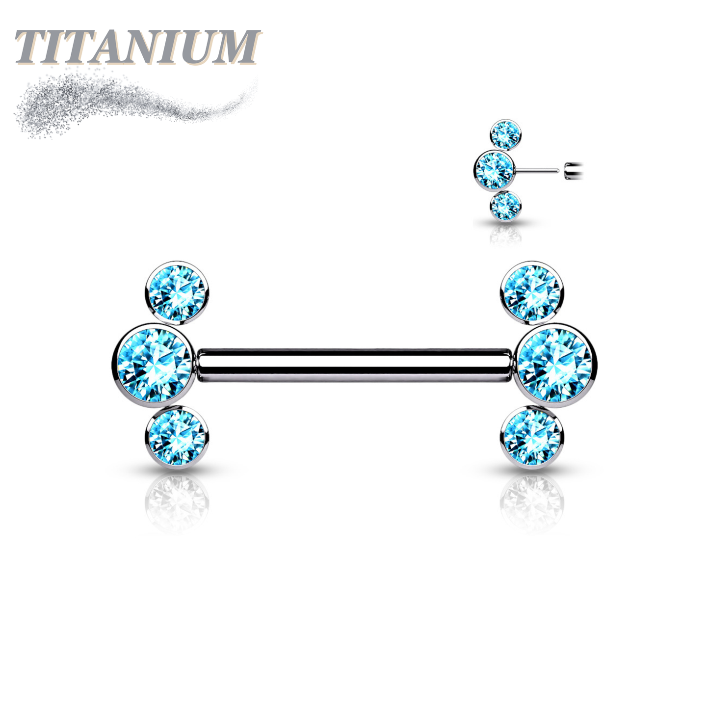 Titanium Threadless Nipple Barbell with 3 Bezel Set CZ Curved Ends