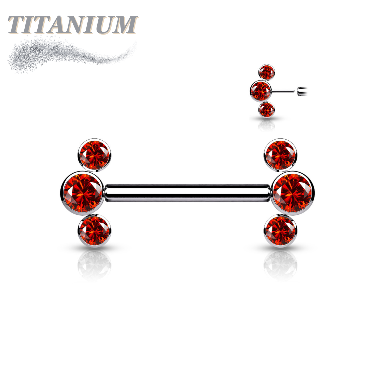 Titanium Threadless Nipple Barbell with 3 Bezel Set CZ Curved Ends