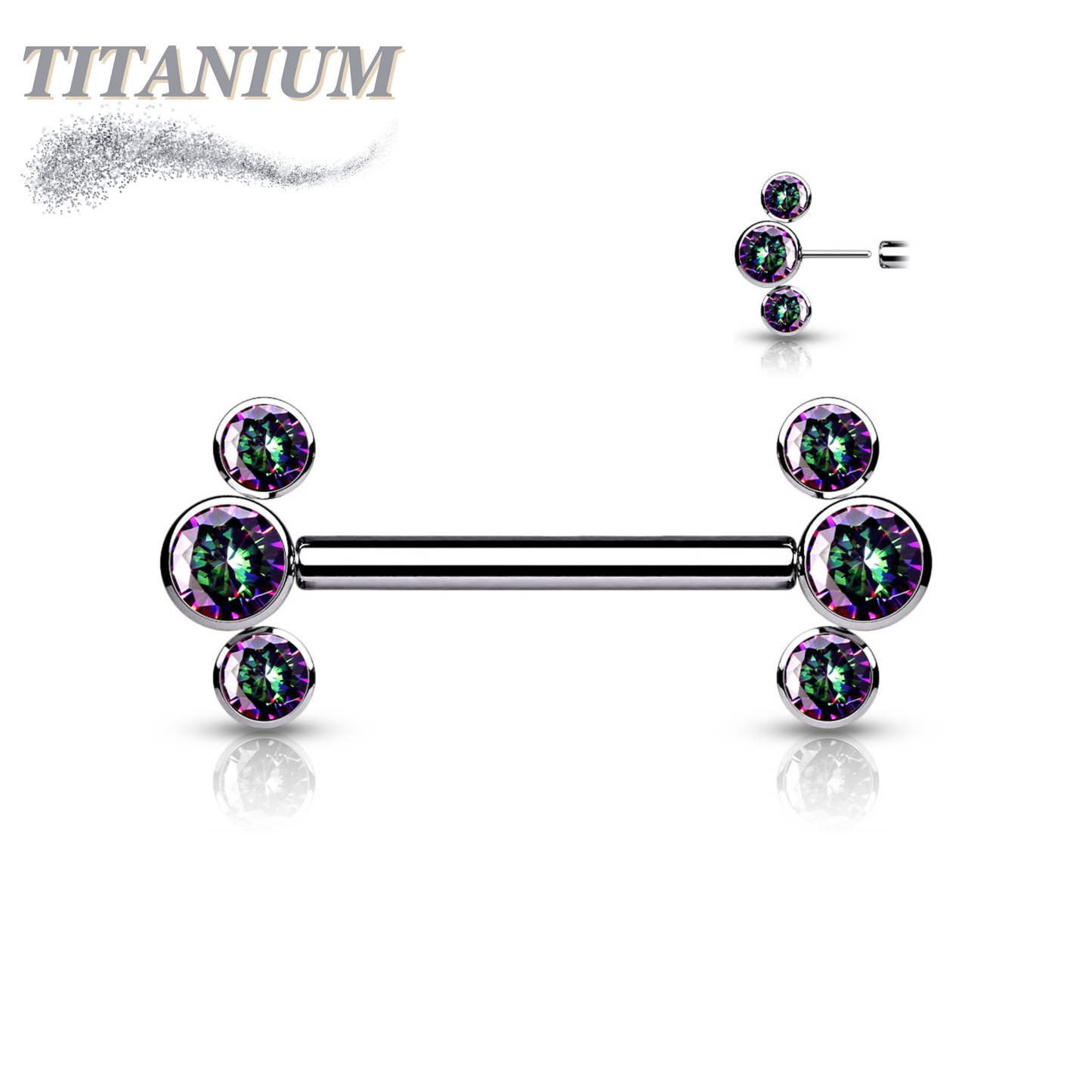 Titanium Threadless Nipple Barbell with 3 Bezel Set CZ Curved Ends