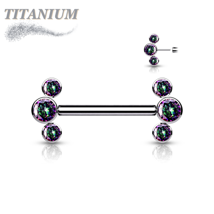 Titanium Threadless Nipple Barbell with 3 Bezel Set CZ Curved Ends
