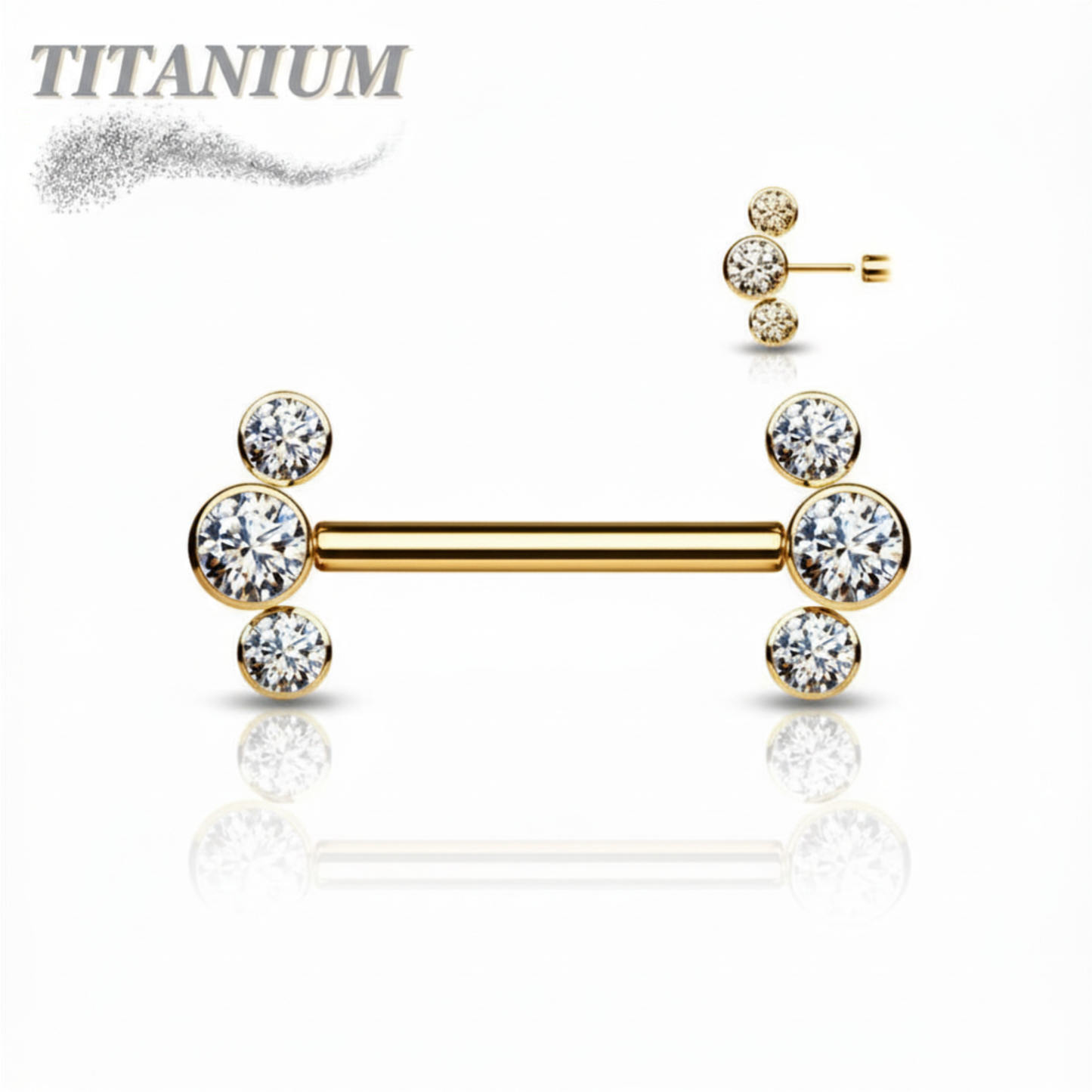 Titanium Threadless Nipple Barbell with 3 Bezel Set CZ Curved Ends