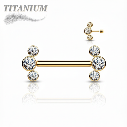 Titanium Threadless Nipple Barbell with 3 Bezel Set CZ Curved Ends