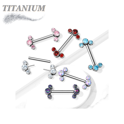 Titanium Threadless Nipple Barbell with 3 Bezel Set CZ Curved Ends
