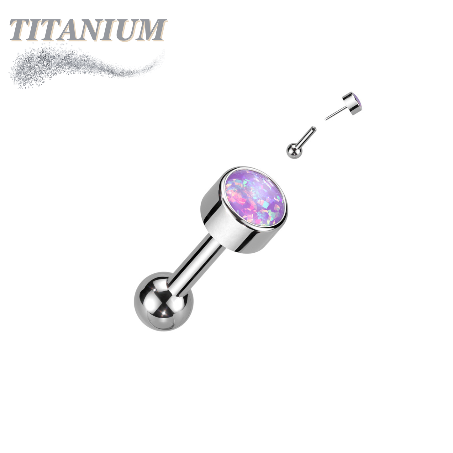 Titanium Threadless Cartilage Barbell with Premium Round Bezel Set Opal