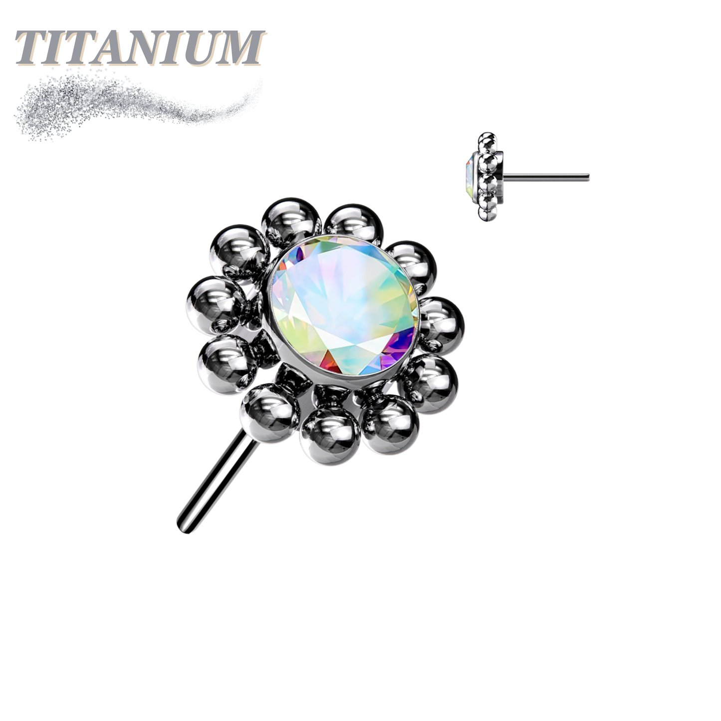 Titanium Threadless Flower w/ Center CZ and Surrounding Ball Cluster (Top Only)