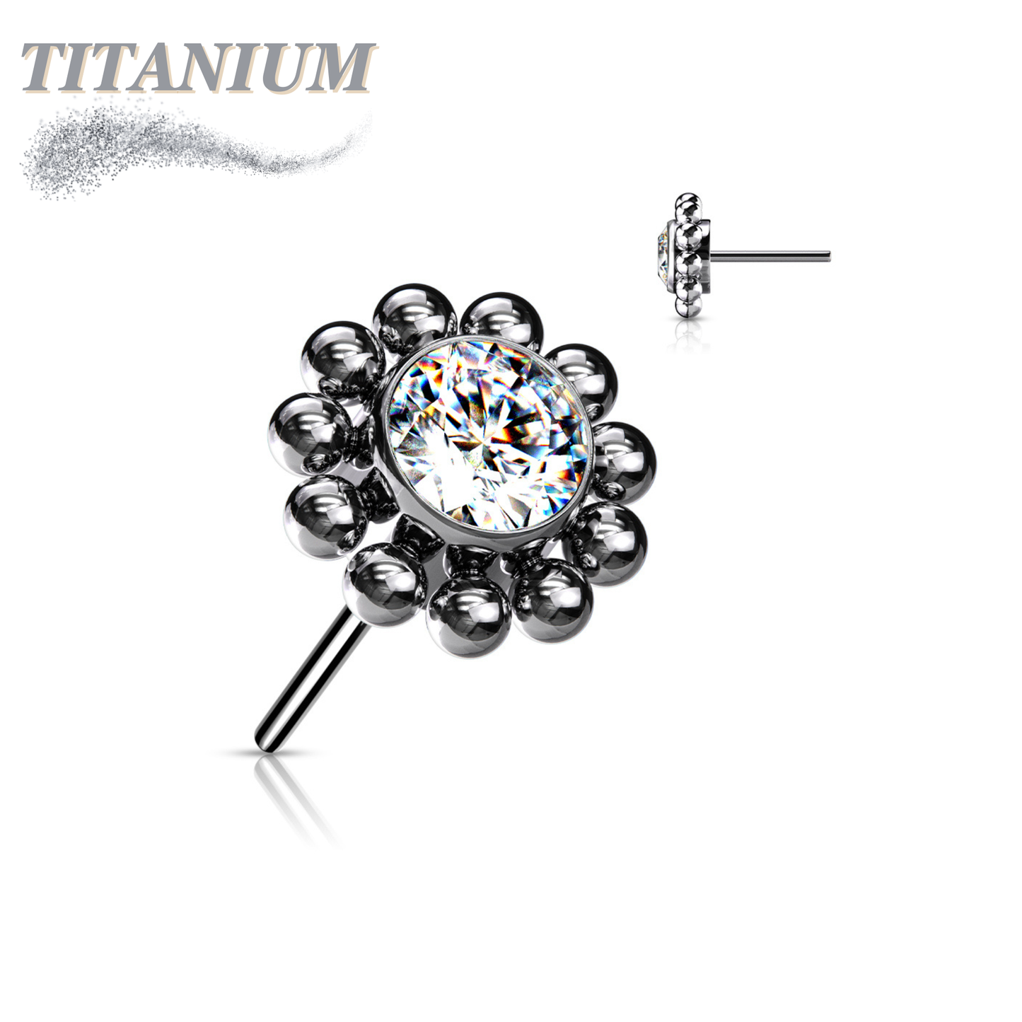 Titanium Threadless Flower w/ Center CZ and Surrounding Ball Cluster (Top Only)