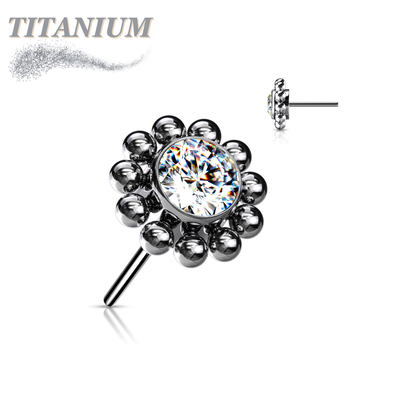 Titanium Threadless Flower w/ Center CZ and Surrounding Ball Cluster (Top Only)