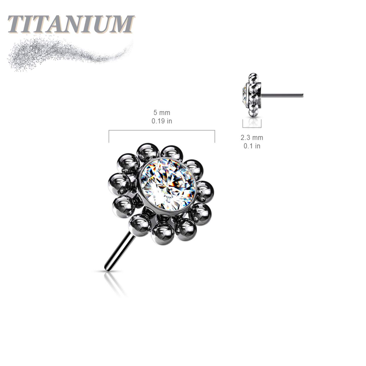 Titanium Threadless Flower w/ Center CZ and Surrounding Ball Cluster (Top Only)