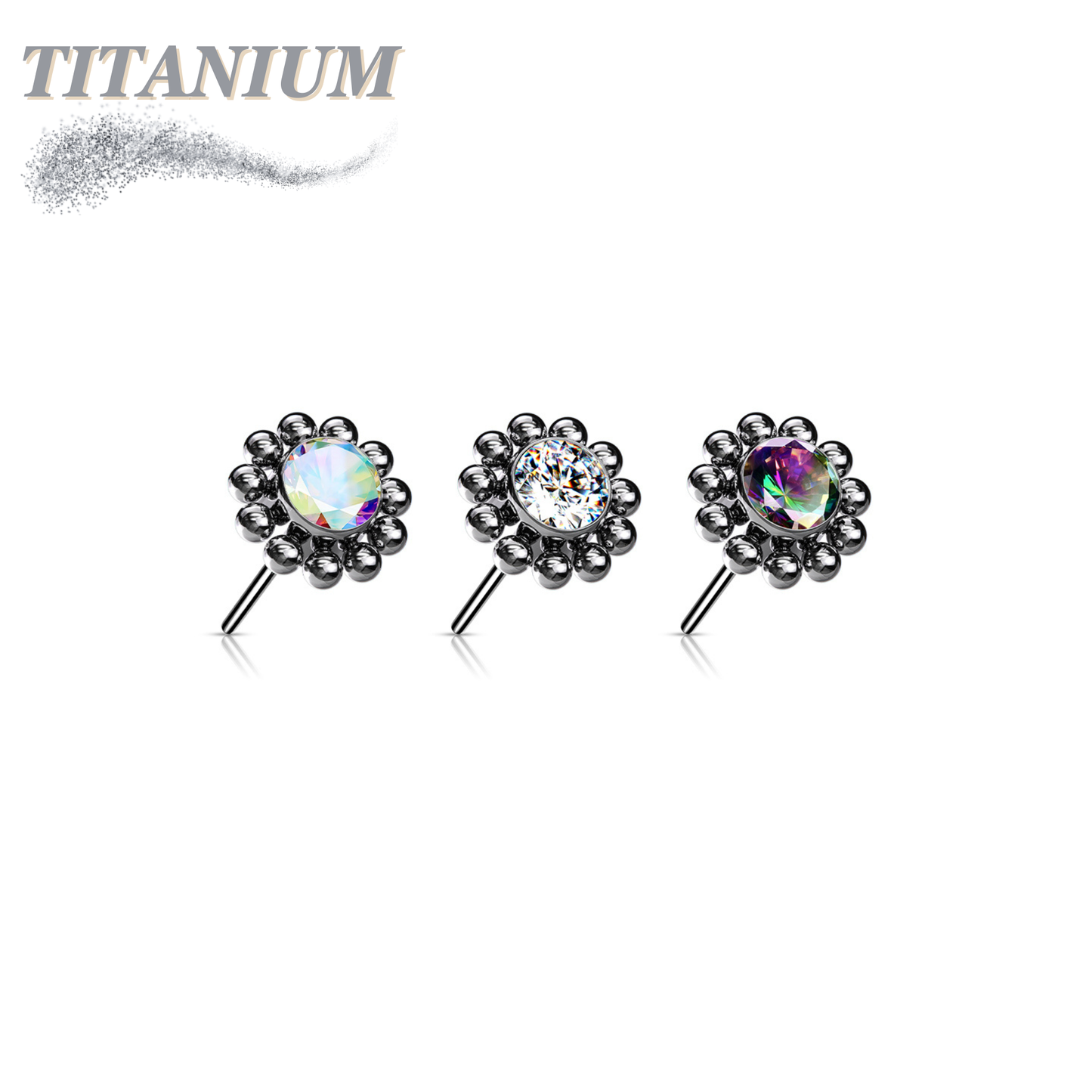 Titanium Threadless Flower w/ Center CZ and Surrounding Ball Cluster (Top Only)